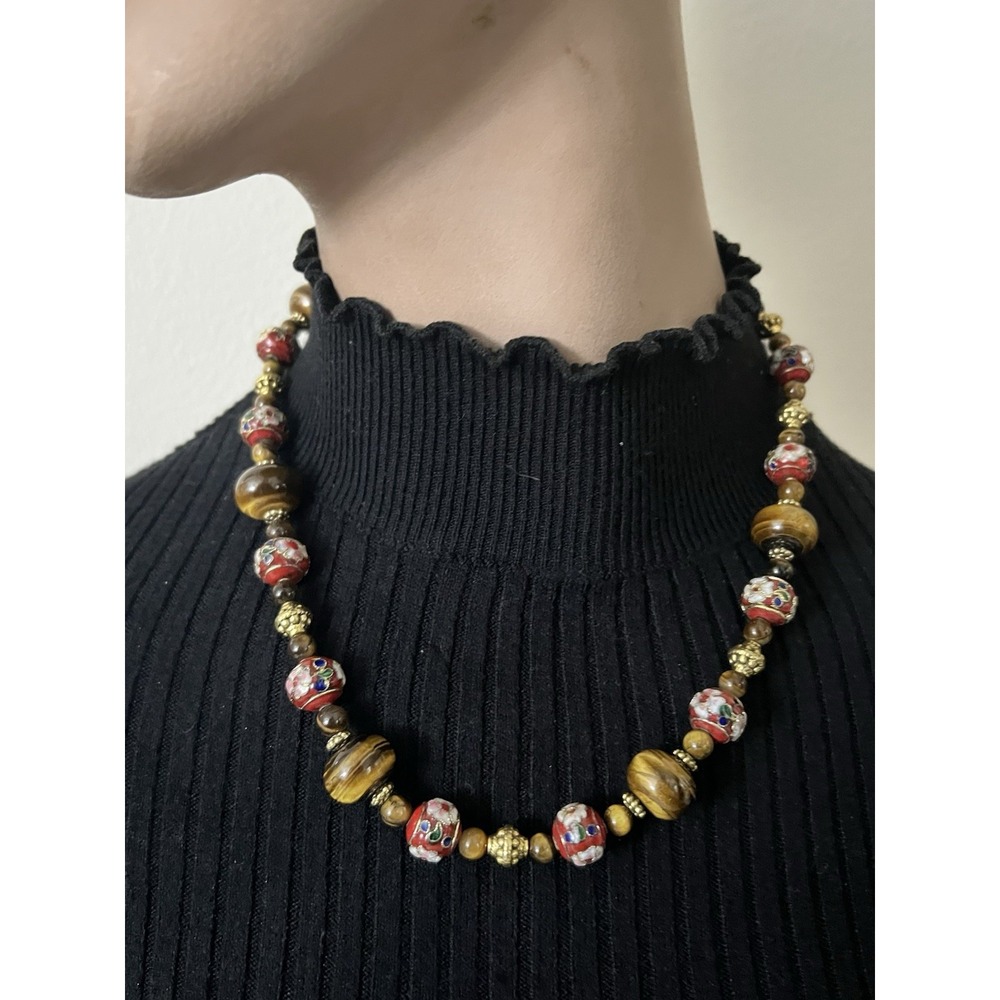 Vintage Tigers‎ Eye and Red Floral Cloisonne Beaded Necklace 22 Inch Cottagecore